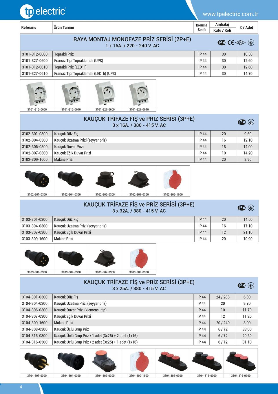 70 3101-312-0600 3101-312-0610 3101-327-0600 3101-327-0610 KAUÇUK TRİFAZE FİŞ ve PRİZ SERİSİ (3P+E) 3 x 16A. / 380-415 V. AC 3102-301-0300 Kauçuk Düz Fiş IP 44 20 9.