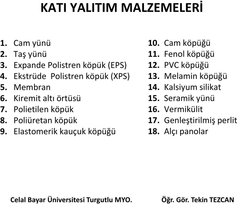 Poliüretan köpük 9. Elastomerik kauçuk köpüğü 10. Cam köpüğü 11. Fenol köpüğü 12.