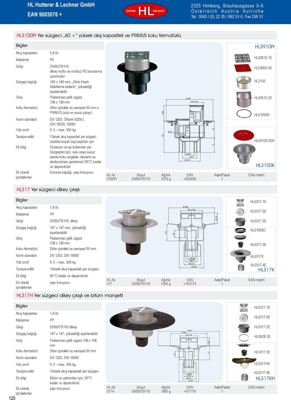 PRIMUS (sulu ve susuz çalışır) Norm standartı EN 1253, ÖNorm B2501, DIN 19535, 19560 Yüksek akış kapasiteli yer süzgeci, özellikle büyük duş başlıkları için Düsensiz ve az kullanılan yer Süzgeçleri