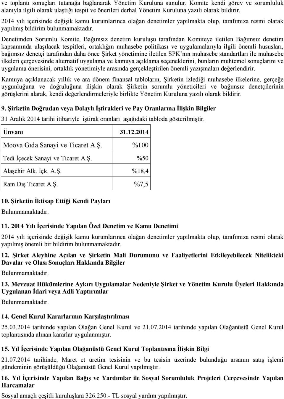 Denetimden Sorumlu Komite, Bağımsız denetim kuruluşu tarafından Komiteye iletilen Bağımsız denetim kapsamında ulaşılacak tespitleri, ortaklığın muhasebe politikası ve uygulamalarıyla ilgili önemli