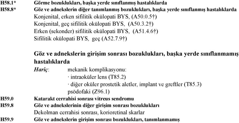0.5 ) Konjenital, geç sifilitik okülopati BYS, (A50.3.2 ) Erken (sekonder) sifilitik okülopati BYS, (A51.4.6 ) Sifilitik okülopati BYS, geç (A52.7.