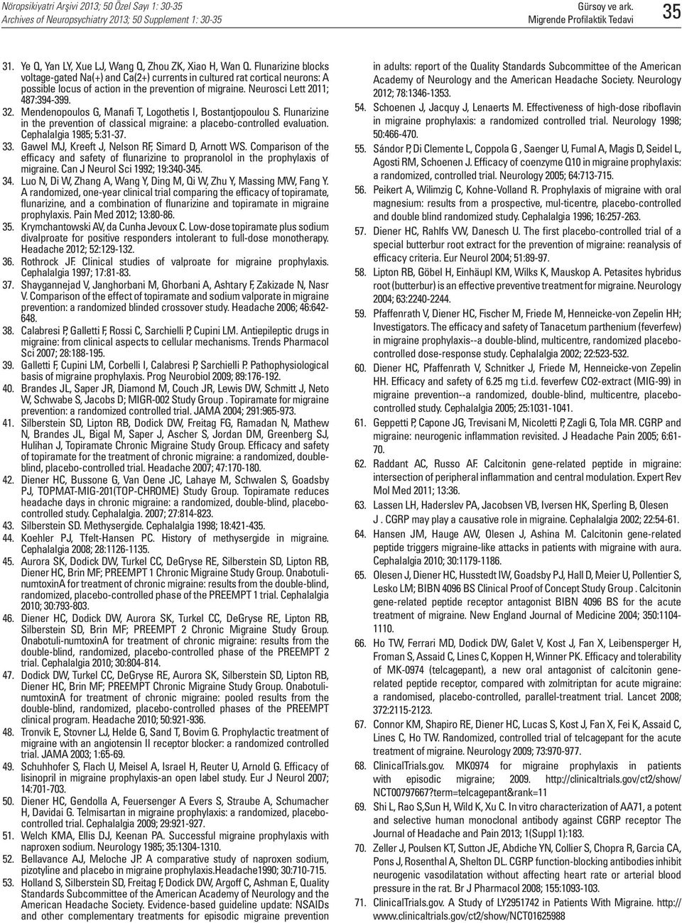 Mendenopoulos G, Manafi T, Logothetis I, Bostantjopoulou S. Flunarizine in the prevention of classical migraine: a placebo-controlled evaluation. Cephalalgia 1985; 5:31-37. 33.