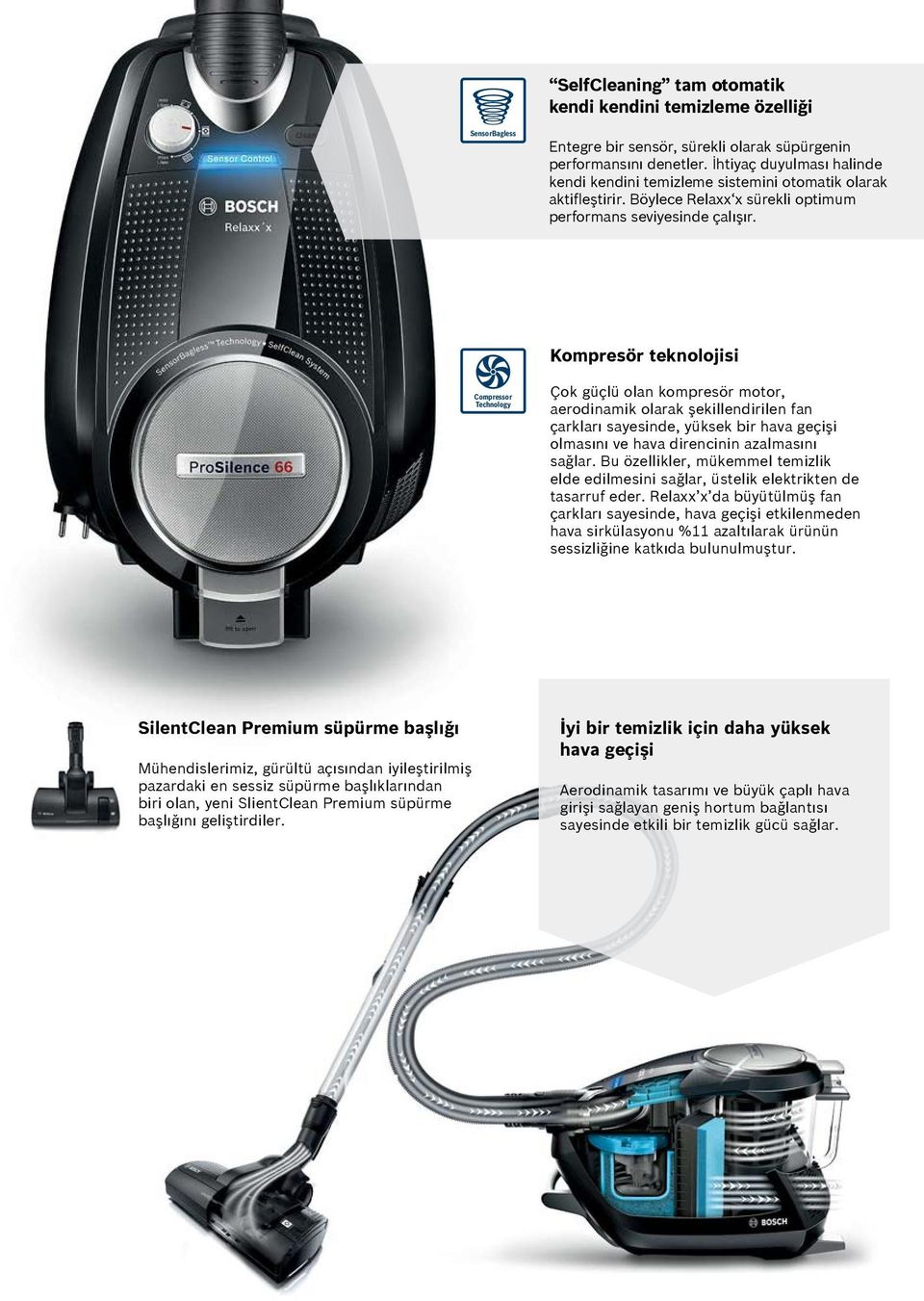 Kompresör teknolojisi Compressor Technology Çok güçlü olan kompresör motor, aerodinamik olarak şekillendirilen fan çarkları sayesinde, yüksek bir hava geçişi olmasını ve hava direncinin azalmasını