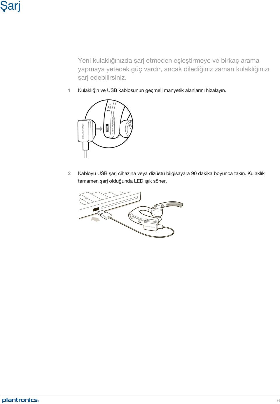 1 Kulaklığın ve USB kablosunun geçmeli manyetik alanlarını hizalayın.