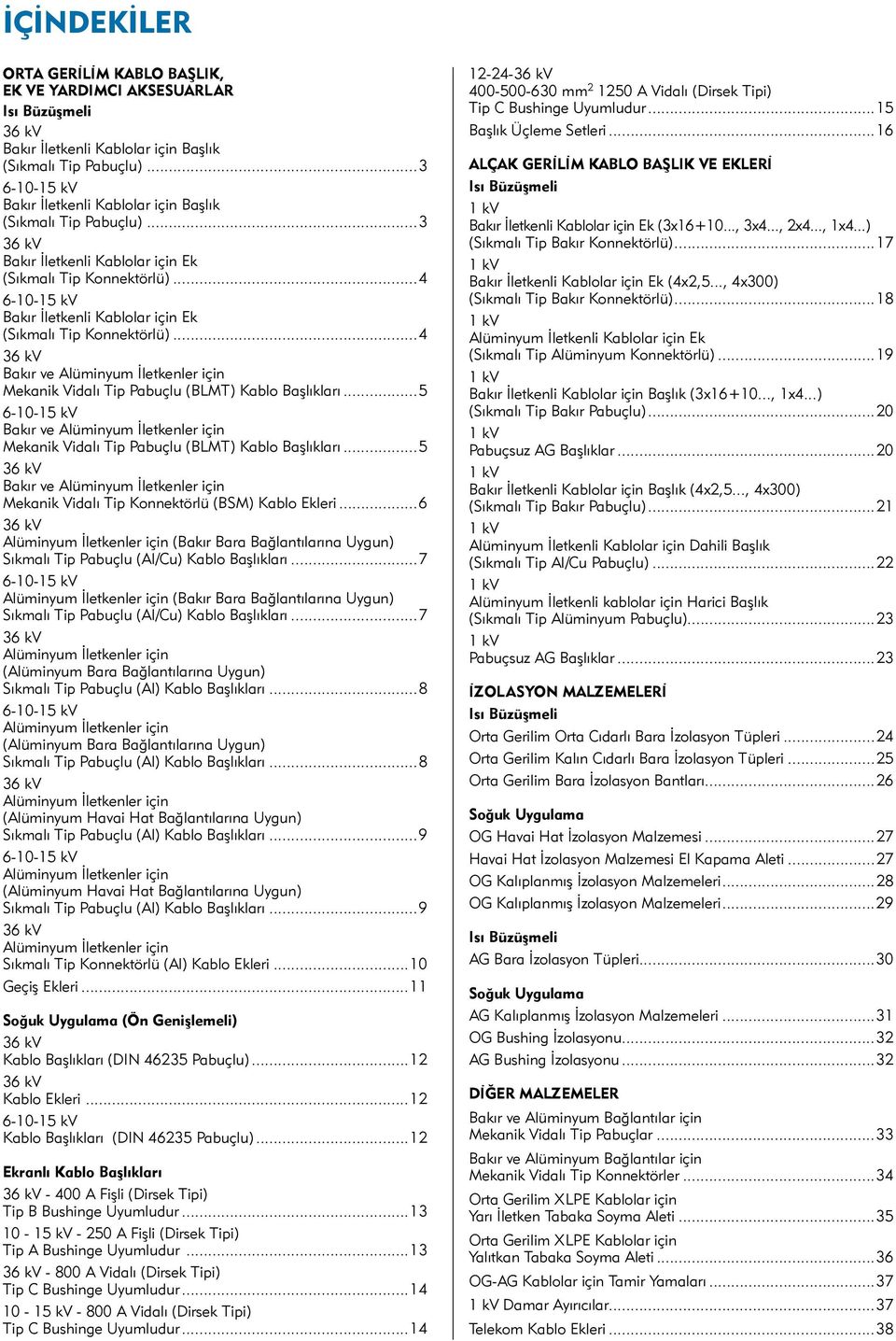 ..4 6-10-15 kv Bakır İletkenli Kablolar için Ek (Sıkmalı Tip Konnektörlü)...4 36 kv Bakır ve Alüminyum İletkenler için Mekanik Vidalı Tip Pabuçlu (BLMT) Kablo Başlıkları.
