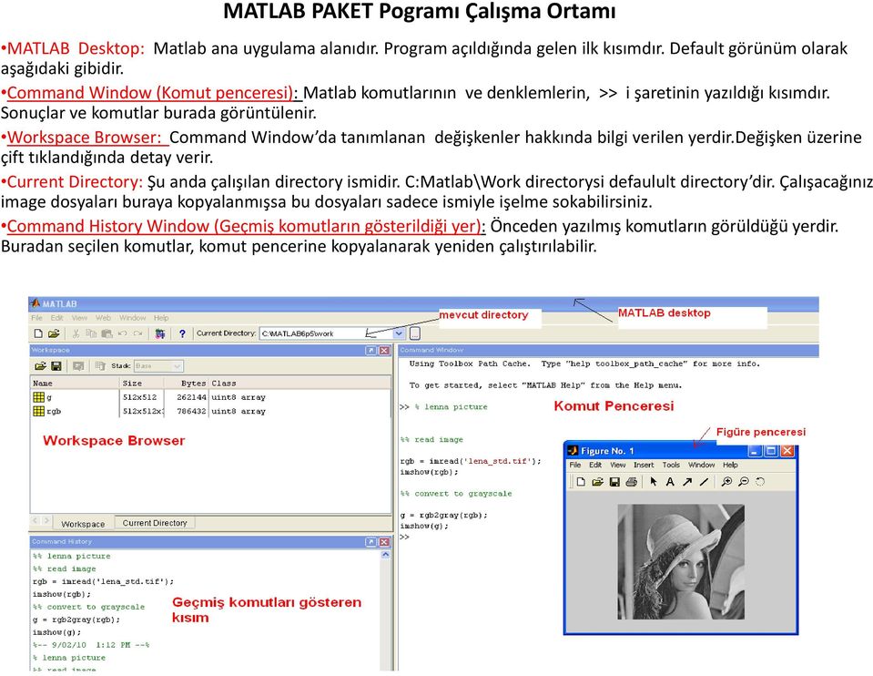 Workspace Browser: Command Window da tanımlanan değişkenler hakkında bilgi verilen yerdir.değişken üzerine çift tıklandığında detay verir. Current Directory: Şu anda çalışılan directory ismidir.