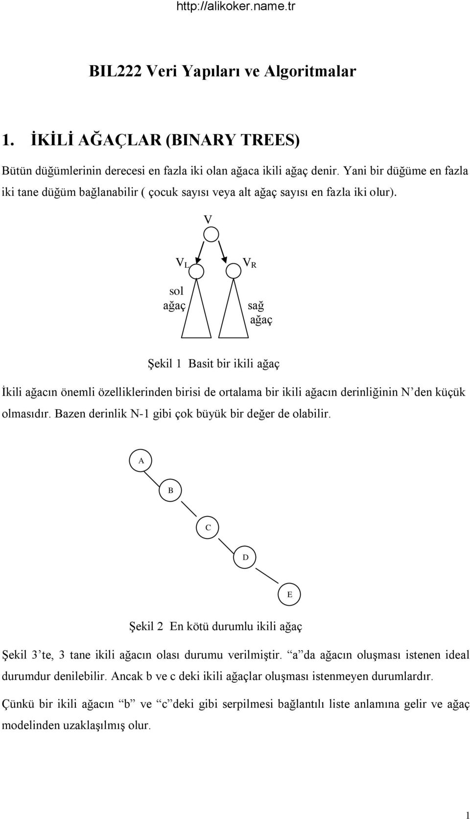 V V L sol ağaç V R sağ ağaç Şekil 1 Basit bir ikili ağaç İkili ağacın önemli özelliklerinden birisi de ortalama bir ikili ağacın derinliğinin den küçük olmasıdır.
