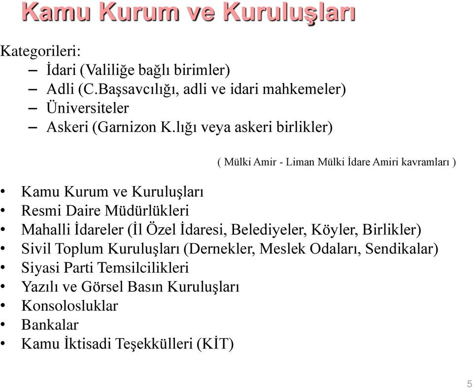 lığı veya askeri birlikler) ( Mülki Amir - Liman Mülki İdare Amiri kavramları ) Kamu Kurum ve Kuruluşları Resmi Daire Müdürlükleri