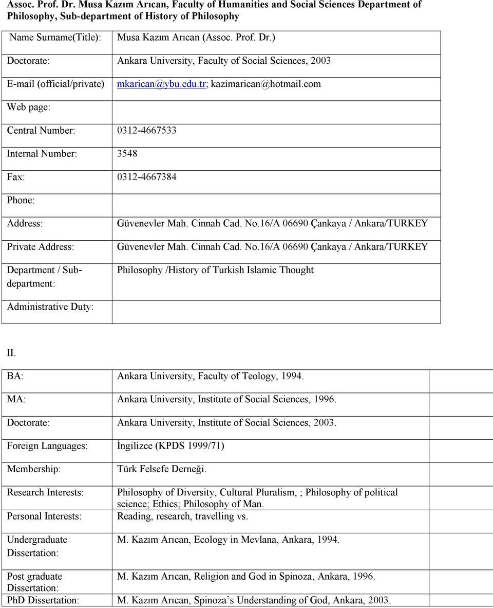 No.16/A 06690 Çankaya / Ankara/TURKEY Güvenevler Mah. Cinnah Cad. No.16/A 06690 Çankaya / Ankara/TURKEY Philosophy /History of Turkish Islamic Thought Administrative Duty: II.