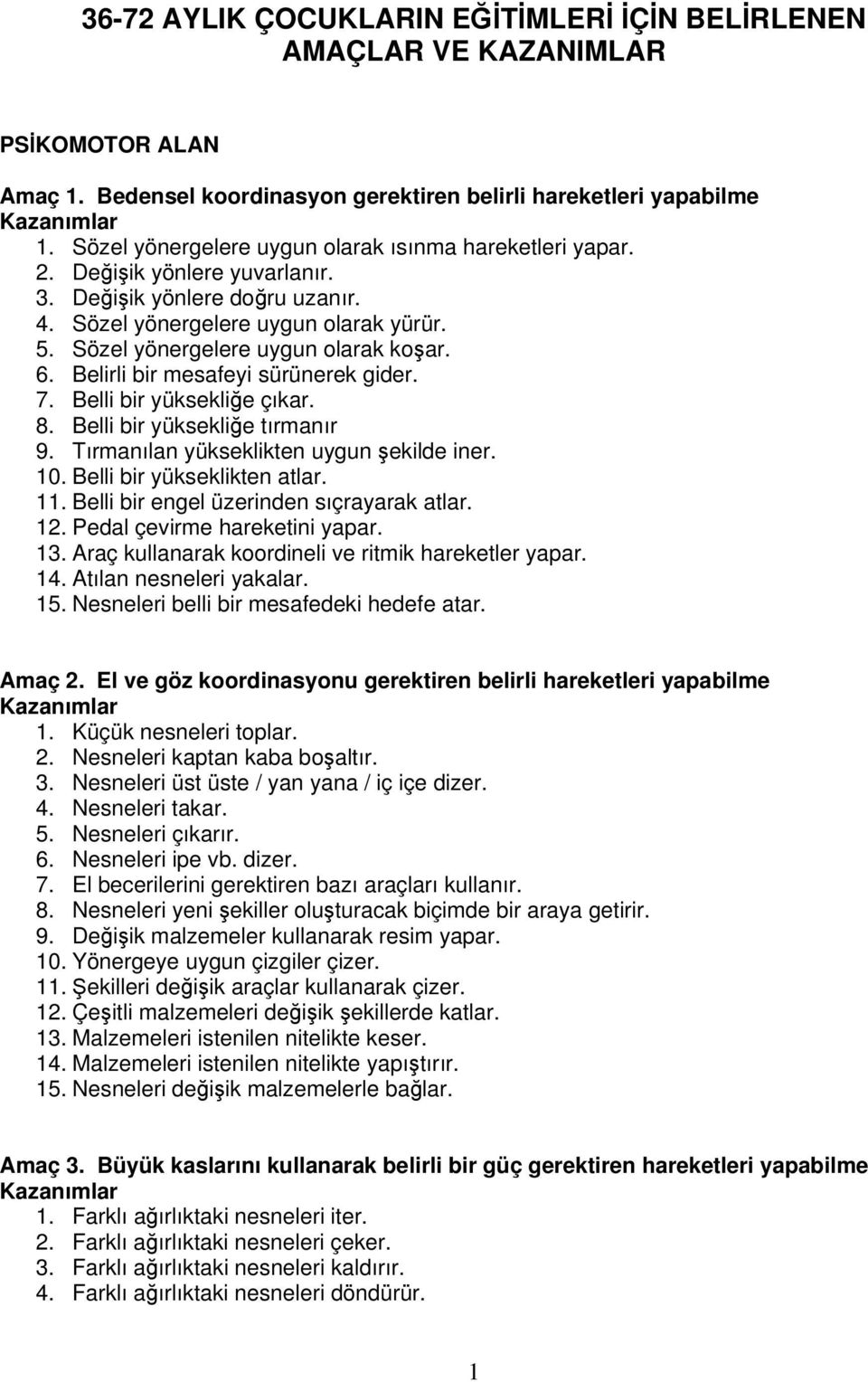 Sözel yönergelere uygun olarak koşar. 6. Belirli bir mesafeyi sürünerek gider. 7. Belli bir yüksekliğe çıkar. 8. Belli bir yüksekliğe tırmanır 9. Tırmanılan yükseklikten uygun şekilde iner. 10.