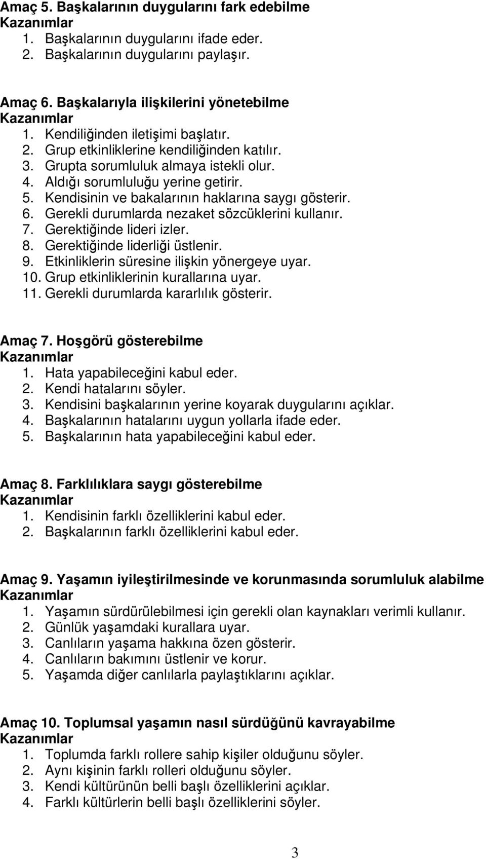 Kendisinin ve bakalarının haklarına saygı gösterir. 6. Gerekli durumlarda nezaket sözcüklerini kullanır. 7. Gerektiğinde lideri izler. 8. Gerektiğinde liderliği üstlenir. 9.