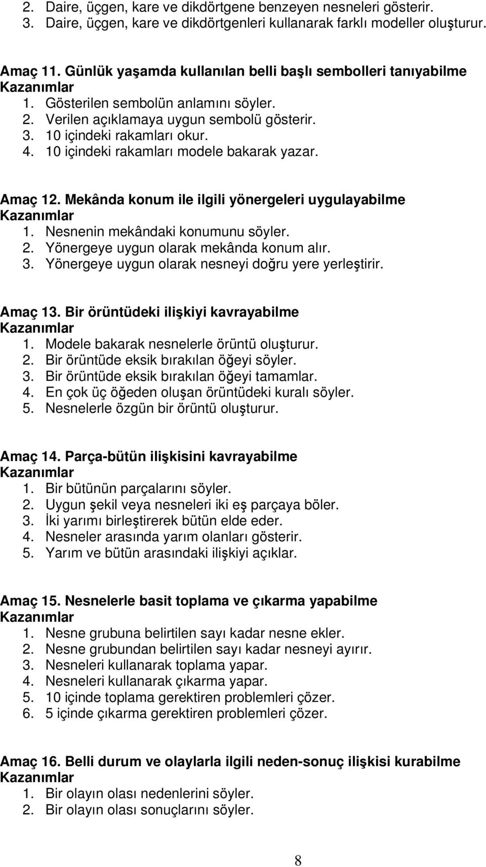 10 içindeki rakamları modele bakarak yazar. Amaç 12. Mekânda konum ile ilgili yönergeleri uygulayabilme 1. Nesnenin mekândaki konumunu söyler. 2. Yönergeye uygun olarak mekânda konum alır. 3.