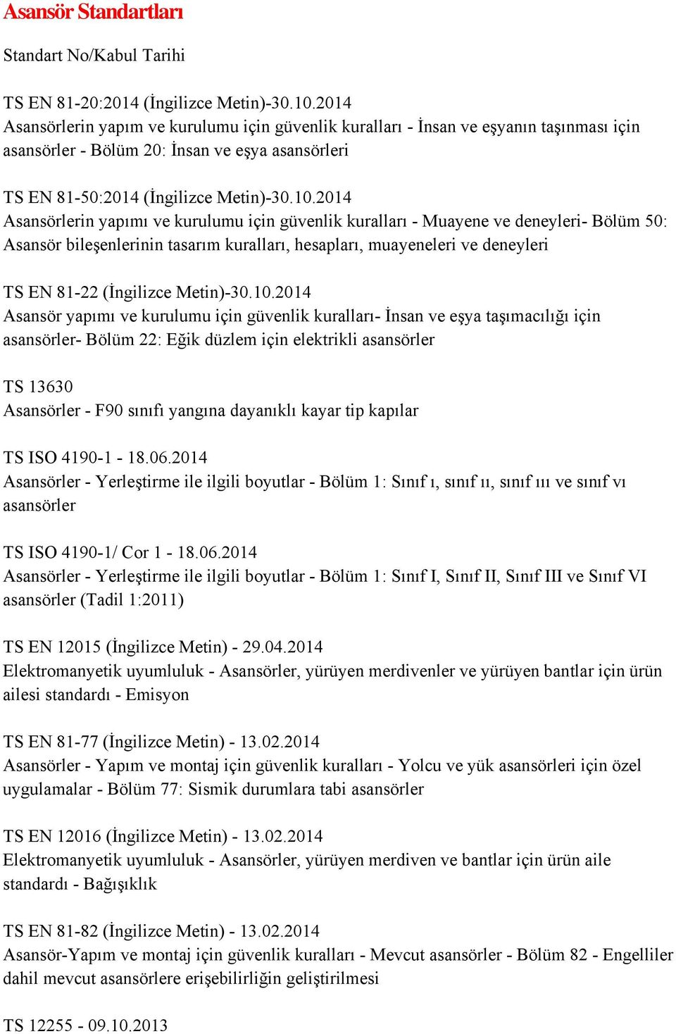 2014 Asansörlerin yapımı ve kurulumu için güvenlik kuralları - Muayene ve deneyleri- Bölüm 50: Asansör bileşenlerinin tasarım kuralları, hesapları, muayeneleri ve deneyleri TS EN 81-22 (İngilizce