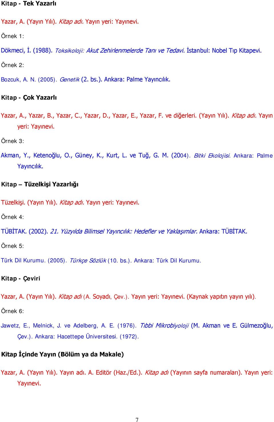 Yayın yeri: Yayınevi. Örnek 3: Akman, Y., Ketenoğlu, O., Güney, K., Kurt, L. ve Tuğ, G. M. (2004). Bitki Ekolojisi. Ankara: Palme Yayıncılık. Kitap Tüzelkişi Yazarlığı Tüzelkişi. (Yayın Yılı).