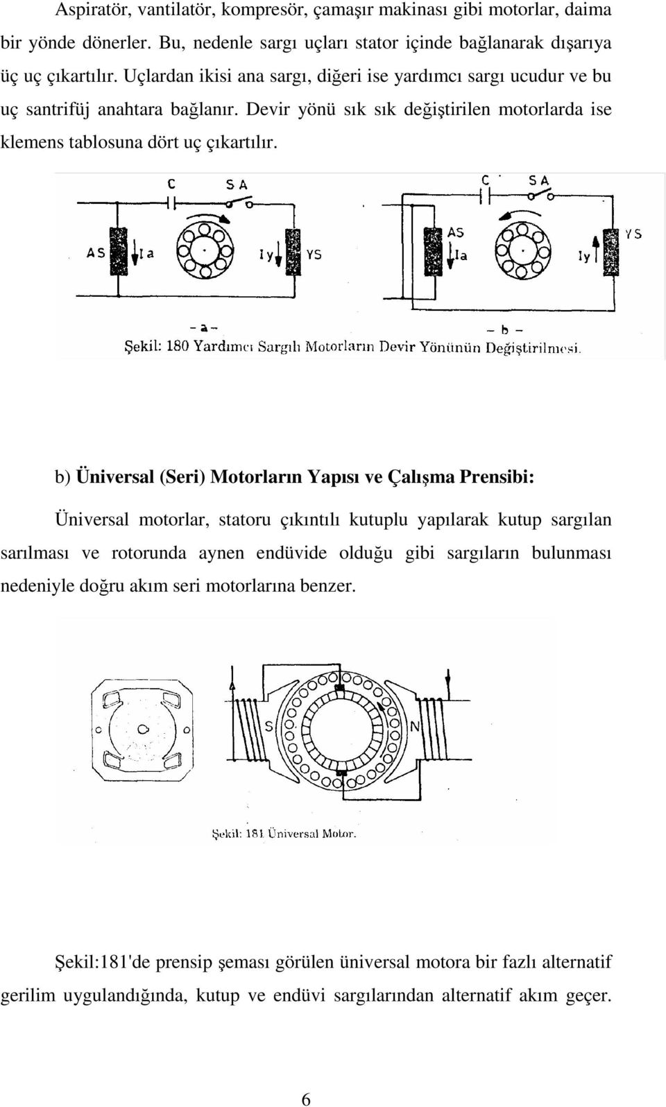b) Üniversal (Seri) Motorların Yapısı ve Çalışma Prensibi: Üniversal motorlar, statoru çıkıntılı kutuplu yapılarak kutup sargılan sarılması ve rotorunda aynen endüvide olduğu gibi