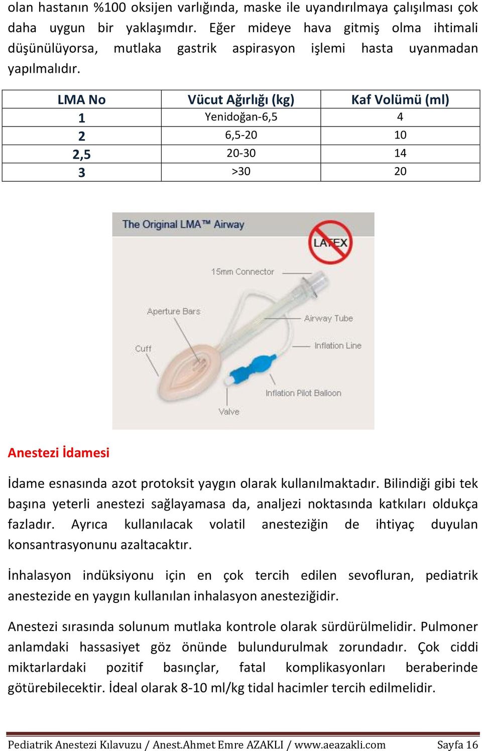 LMA No Vücut Ağırlığı (kg) Kaf Volümü (ml) 1 Yenidoğan-6,5 4 2 6,5-20 10 2,5 20-30 14 3 >30 20 Anestezi İdamesi İdame esnasında azot protoksit yaygın olarak kullanılmaktadır.