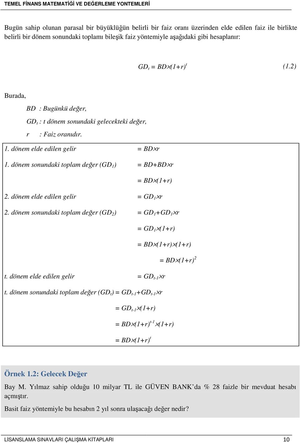 dönem sonundaki toplam değer (GD 1 ) = BD+BD r = BD (1+r) 2. dönem elde edilen gelir = GD 1 r 2. dönem sonundaki toplam değer (GD 2 ) = GD 1 +GD 1 r = GD 1 (1+r) = BD (1+r) (1+r) = BD (1+r) 2 t.