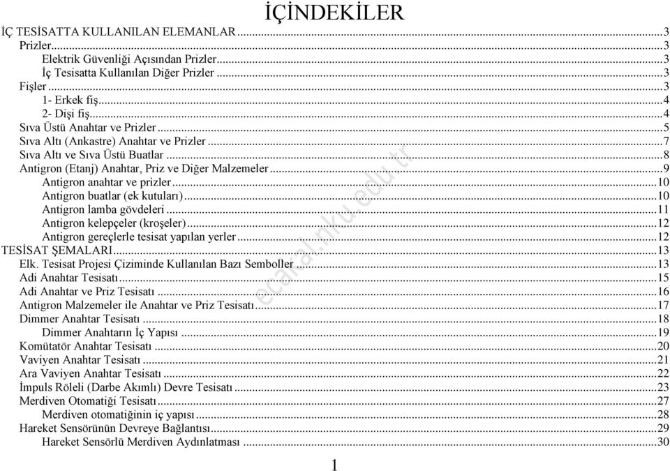 .. 9 Antigron anahtar ve prizler... 10 Antigron buatlar (ek kutuları)... 10 Antigron lamba gövdeleri... 11 Antigron kelepçeler (kroşeler)... 12 Antigron gereçlerle tesisat yapılan yerler.