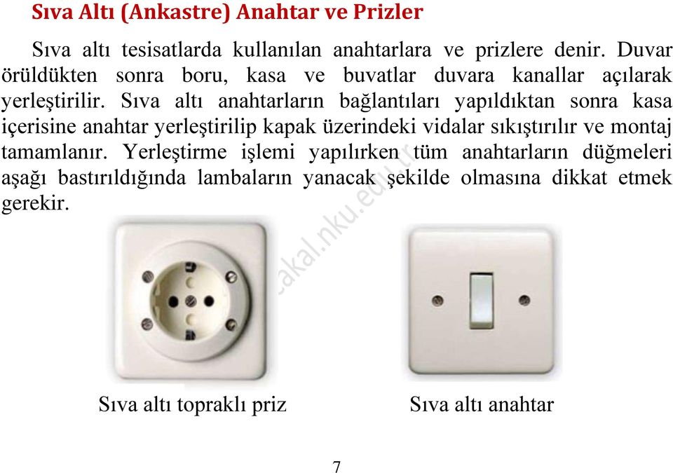 Sıva altı anahtarların bağlantıları yapıldıktan sonra kasa içerisine anahtar yerleştirilip kapak üzerindeki vidalar sıkıştırılır