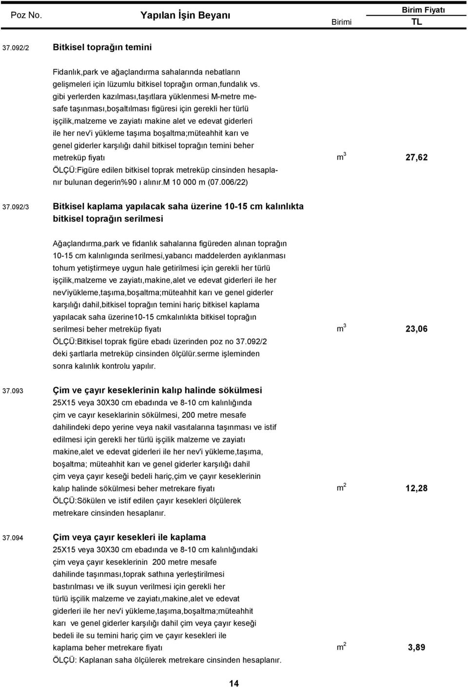 taşıma boşaltma;müteahhit karı ve genel giderler karşılığı dahil bitkisel toprağın temini beher metreküp fiyatı m 3 27,62 ÖLÇÜ:Figüre edilen bitkisel toprak metreküp cinsinden hesaplanır bulunan