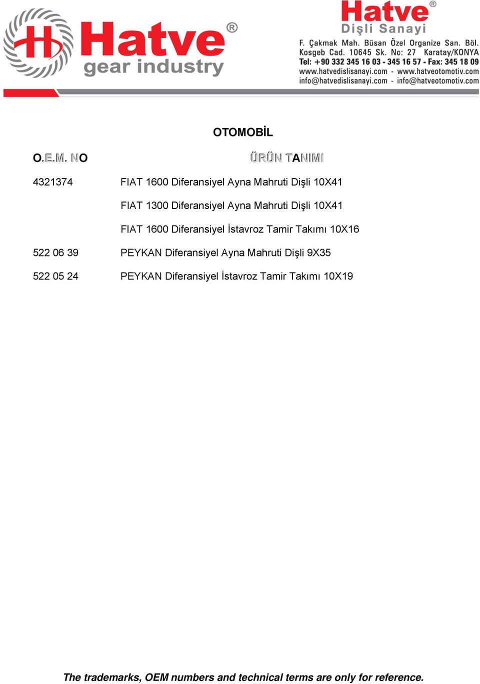 Diferansiyel İstavroz Tamir Takımı 10X16 522 06 39 PEYKAN