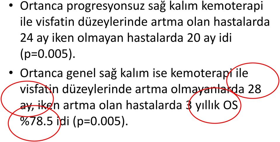 Ortanca genel sağ kalım ise kemoterapi ile visfatin düzeylerinde artma