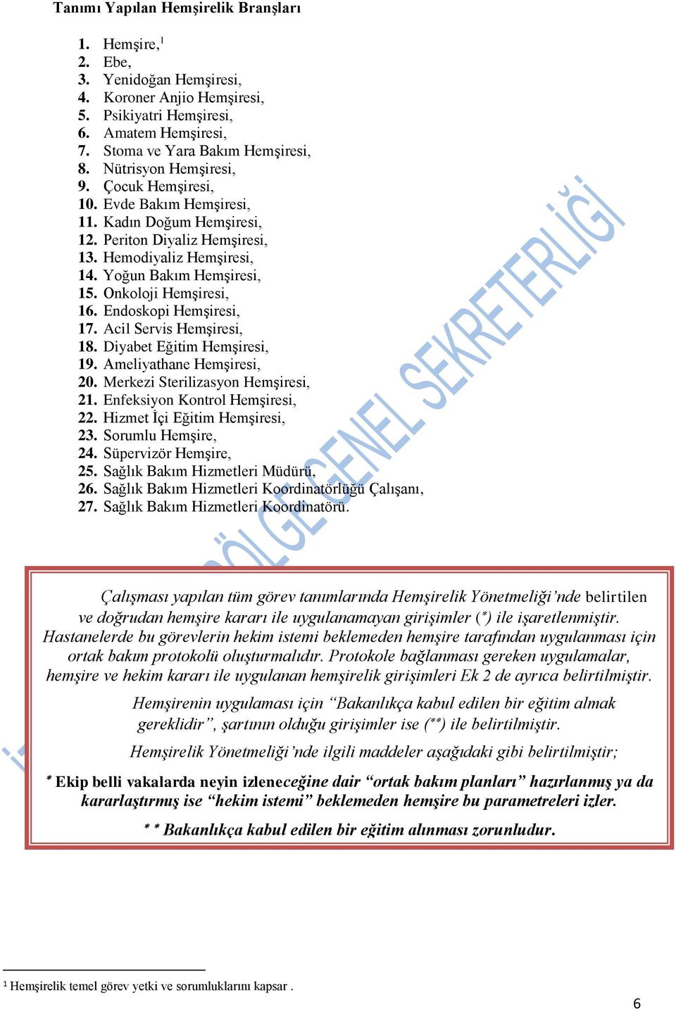 Onkoloji Hemşiresi, 16. Endoskopi Hemşiresi, 17. Acil Servis Hemşiresi, 18. Diyabet Eğitim Hemşiresi, 19. Ameliyathane Hemşiresi, 20. Merkezi Sterilizasyon Hemşiresi, 21.