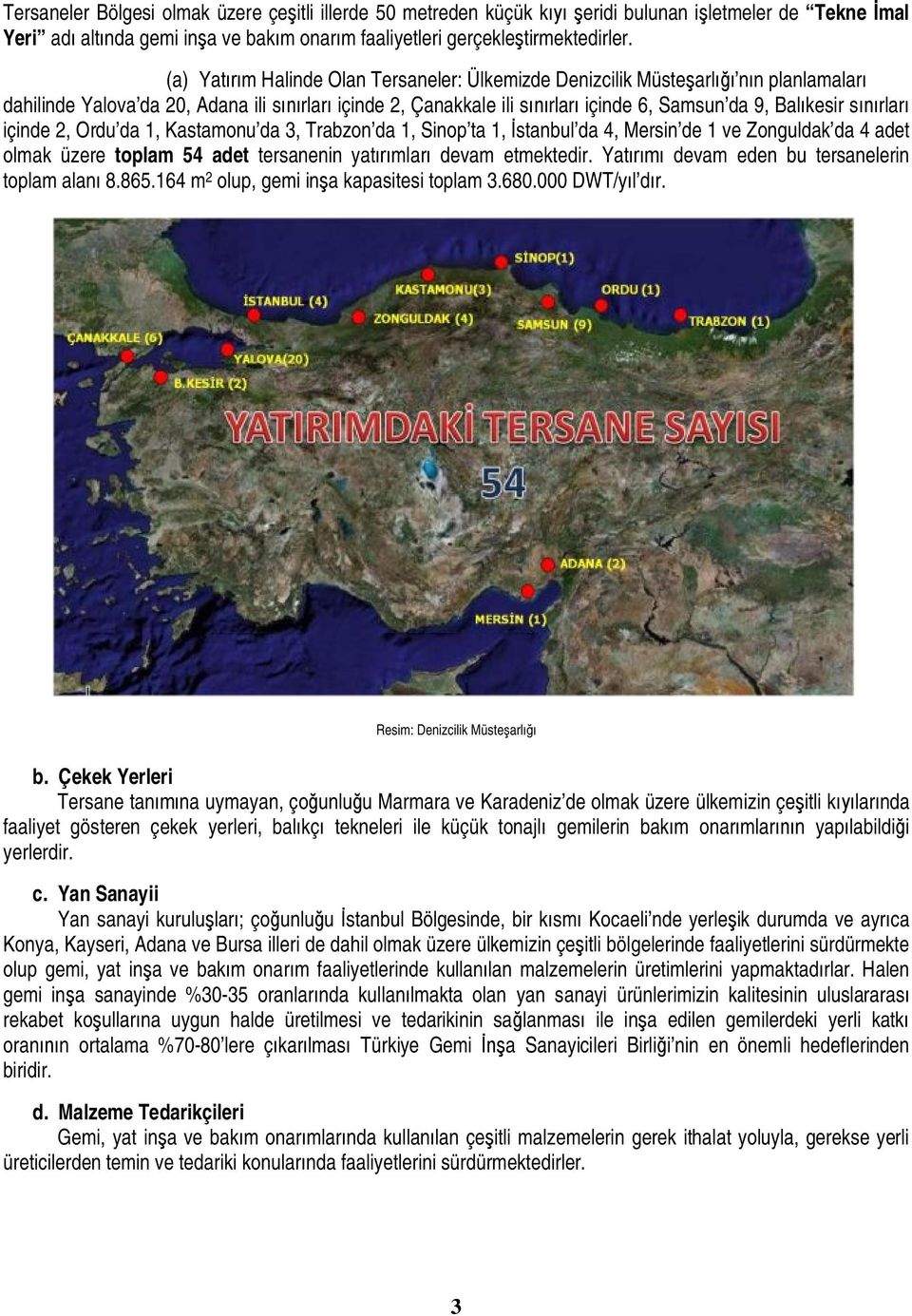 sınırları içinde 2, Ordu da 1, Kastamonu da 3, Trabzon da 1, Sinop ta 1, İstanbul da 4, Mersin de 1 ve Zonguldak da 4 adet olmak üzere toplam 54 adet tersanenin yatırımları devam etmektedir.