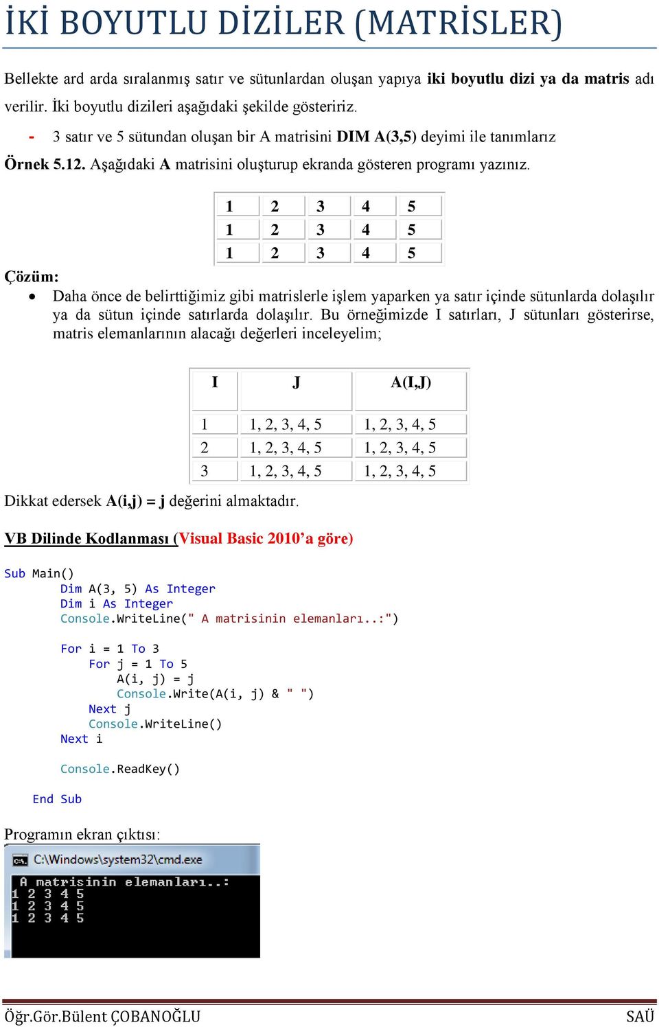 1 2 3 4 5 1 2 3 4 5 1 2 3 4 5 Çözüm: Daha önce de belirttiğimiz gibi matrislerle işlem yaparken ya satır içinde sütunlarda dolaşılır ya da sütun içinde satırlarda dolaşılır.