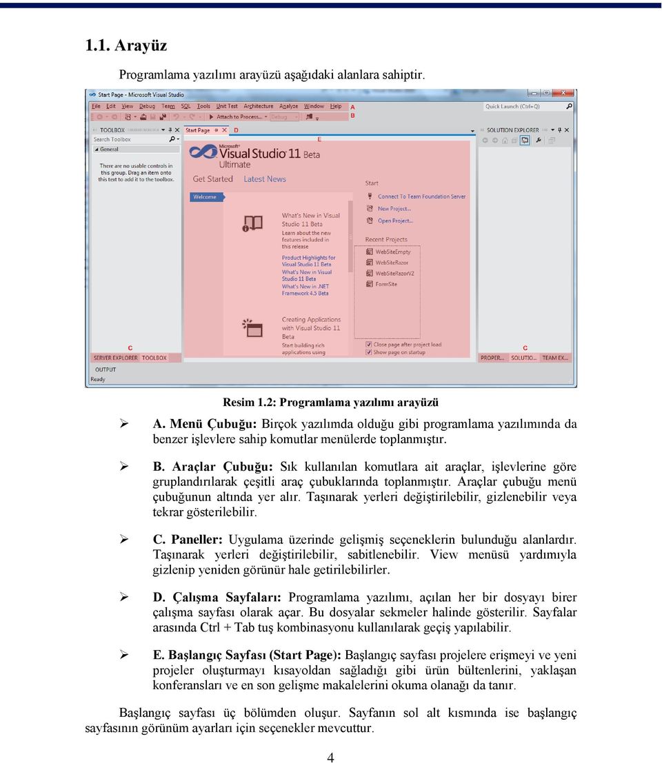 Araçlar çubuğu menü çubuğunun altında yer alır. Taşınarak yerleri değiştirilebilir, gizlenebilir veya tekrar gösterilebilir. C. Paneller: Uygulama üzerinde gelişmiş seçeneklerin bulunduğu alanlardır.