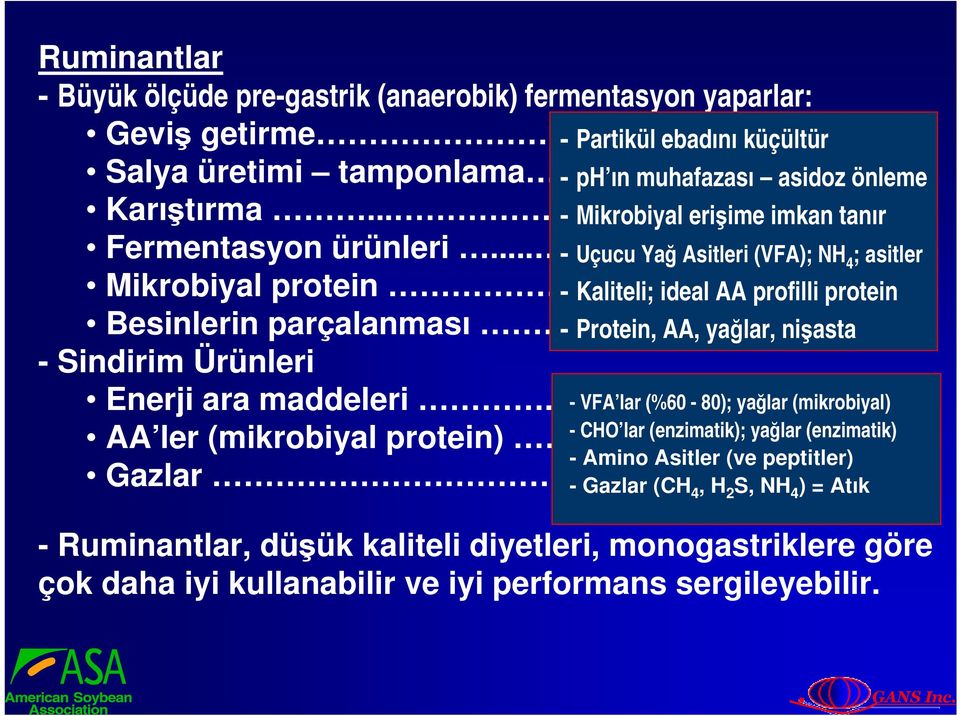 - Partikül ebadını küçültür - ph ın muhafazası asidoz önleme - Mikrobiyal erişime imkan tanır - Uçucu Yağ Asitleri (VFA); NH 4 ; asitler - Kaliteli; ideal AA profilli protein - Protein, AA,