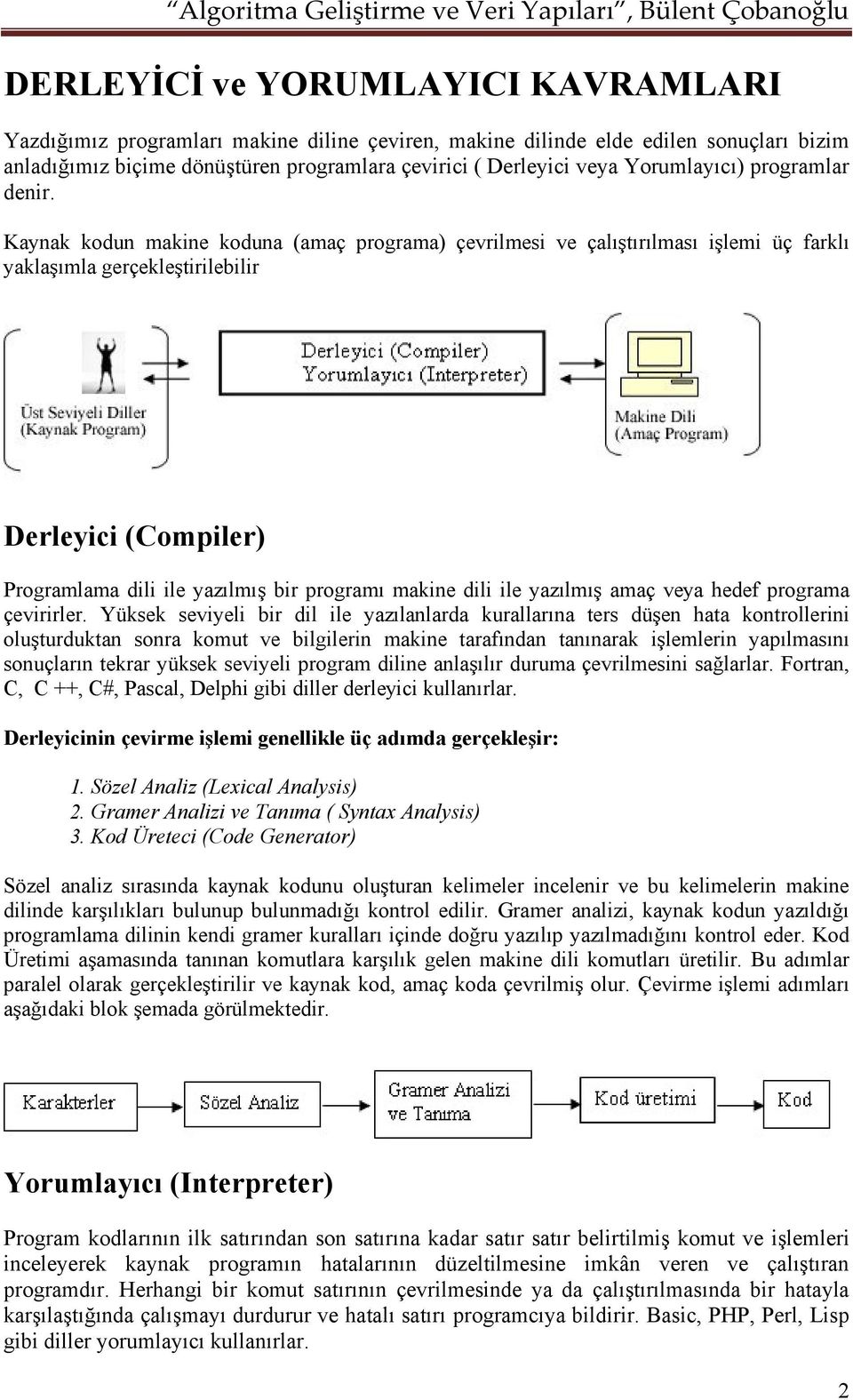 Kaynak kodun makine koduna (amaç programa) çevrilmesi ve çalıştırılması işlemi üç farklı yaklaşımla gerçekleştirilebilir Derleyici (Compiler) Programlama dili ile yazılmış bir programı makine dili