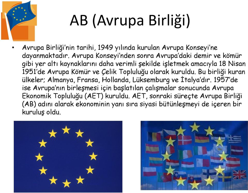 ve Çelik Topluluğu olarak kuruldu. Bu birliği kuran ülkeler; Almanya, Fransa, Hollanda, Lüksemburg ve İtalya dır.