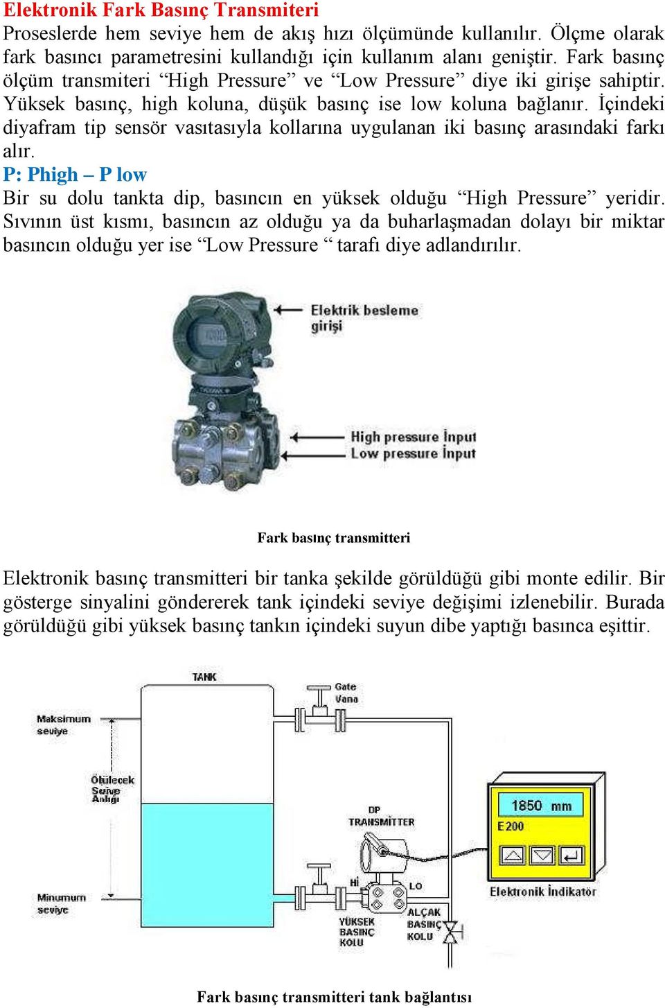 İçindeki diyafram tip sensör vasıtasıyla kollarına uygulanan iki basınç arasındaki farkı alır. P: Phigh P low Bir su dolu tankta dip, basıncın en yüksek olduğu High Pressure yeridir.