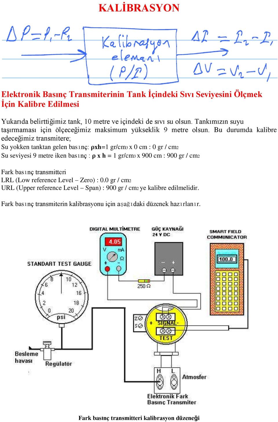 Bu durumda kalibre edeceğimiz transmitere; Su yokken tanktan gelen basınç: ρxh=1 gr/cm3 x 0 cm : 0 gr / cm2 Su seviyesi 9 metre iken basınç : ρ x h = 1 gr/cm3 x 900 cm : 900