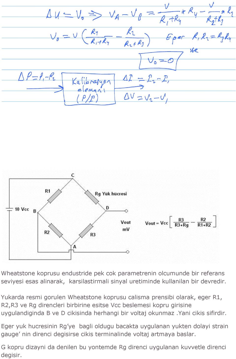 Yukarda resmi gorulen Wheatstone koprusu calisma prensibi olarak, eger R1, R2,R3 ve Rg direncleri birbirine esitse Vcc beslemesi kopru girisine