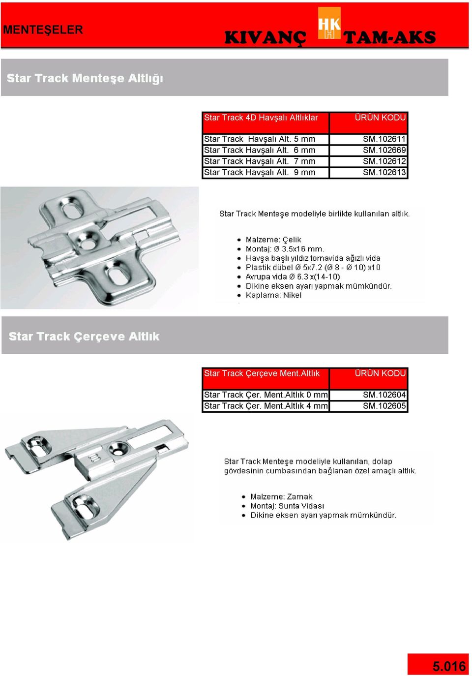 7 mm Star Track Havşalı Alt. 9 mm SM.102611 SM.102669 SM.102612 SM.