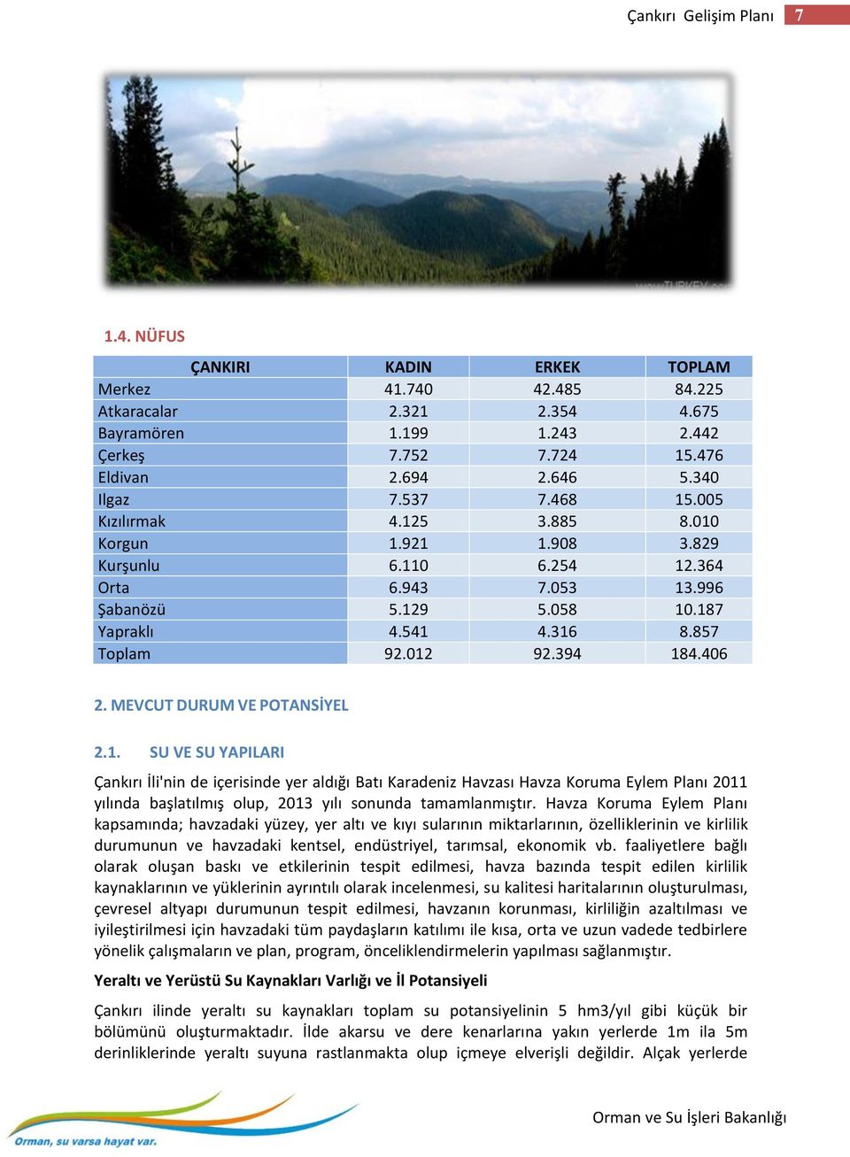 012 92.394 184.406 2. MEVCUT DURUM VE POTANSİYEL 2.1. SU VE SU YAPILARI Çankırı İli'nin de içerisinde yer aldığı Batı Karadeniz Havzası Havza Koruma Eylem Planı 2011 yılında başlatılmış olup, 2013 yılı sonunda tamamlanmıştır.