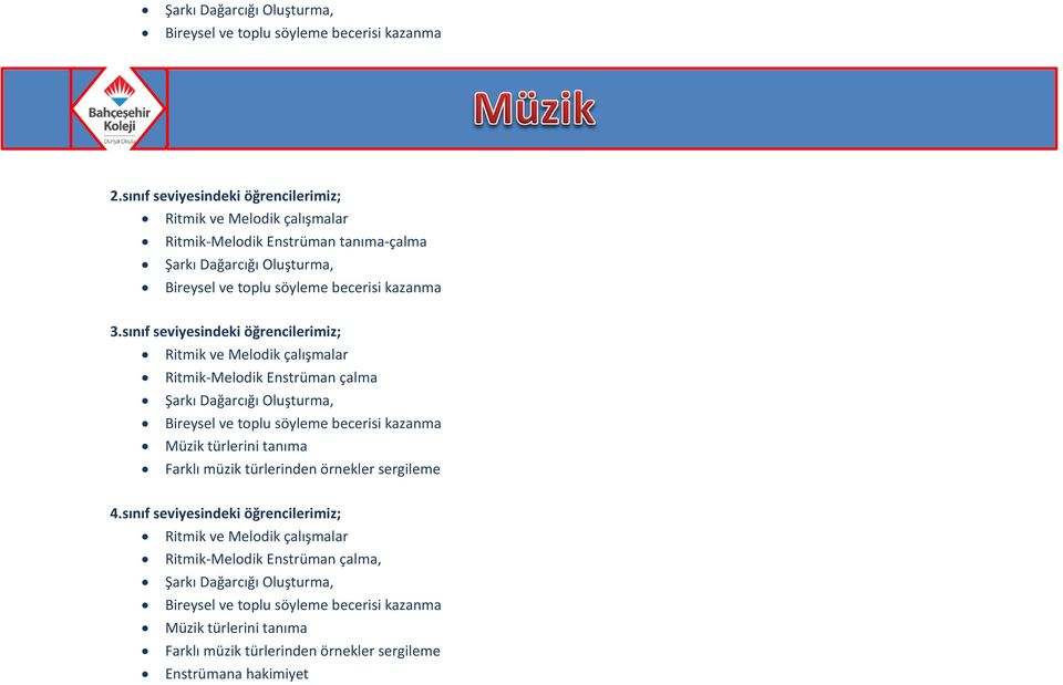 sınıf seviyesindeki öğrencilerimiz; Ritmik ve Melodik çalışmalar Ritmik-Melodik Enstrüman çalma Şarkı Dağarcığı Oluşturma, Bireysel ve toplu söyleme becerisi kazanma Müzik türlerini