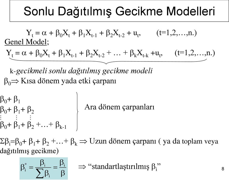 ) k-gecikmeli sonlu dağıılmış gecikme modeli 0 Kısa dönem yada eki çarpanı 0 + 1 0 + 1 + 2 0 +