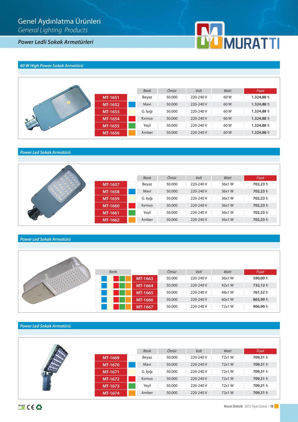 Işığı Amber 36x1 W 36x1 W 36x1 W 36x1 W 36x1 W 36x1 W 702,23 702,23 702,23 702,23 702,23 702,23 Power Led Sokak Armatürü MT1663 MT1664 MT1665 MT1666 MT1667 36x1 W 42x1 W 4x1