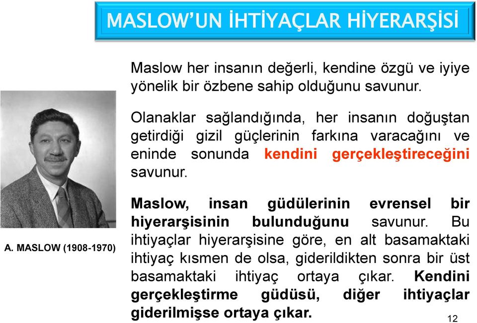 A. MASLOW (1908-1970) Maslow, insan güdülerinin evrensel bir hiyerarşisinin bulunduğunu savunur.