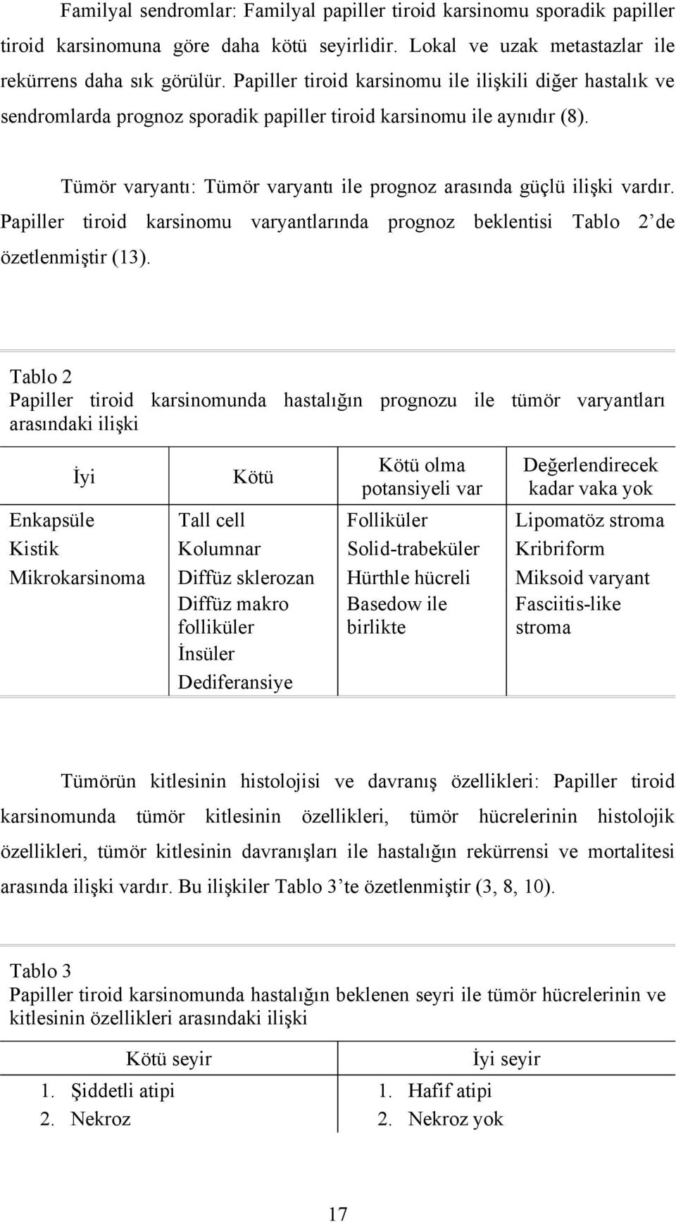 Tümör varyantı: Tümör varyantı ile prognoz arasında güçlü ilişki vardır. Papiller tiroid karsinomu varyantlarında prognoz beklentisi Tablo 2 de özetlenmiştir (13).