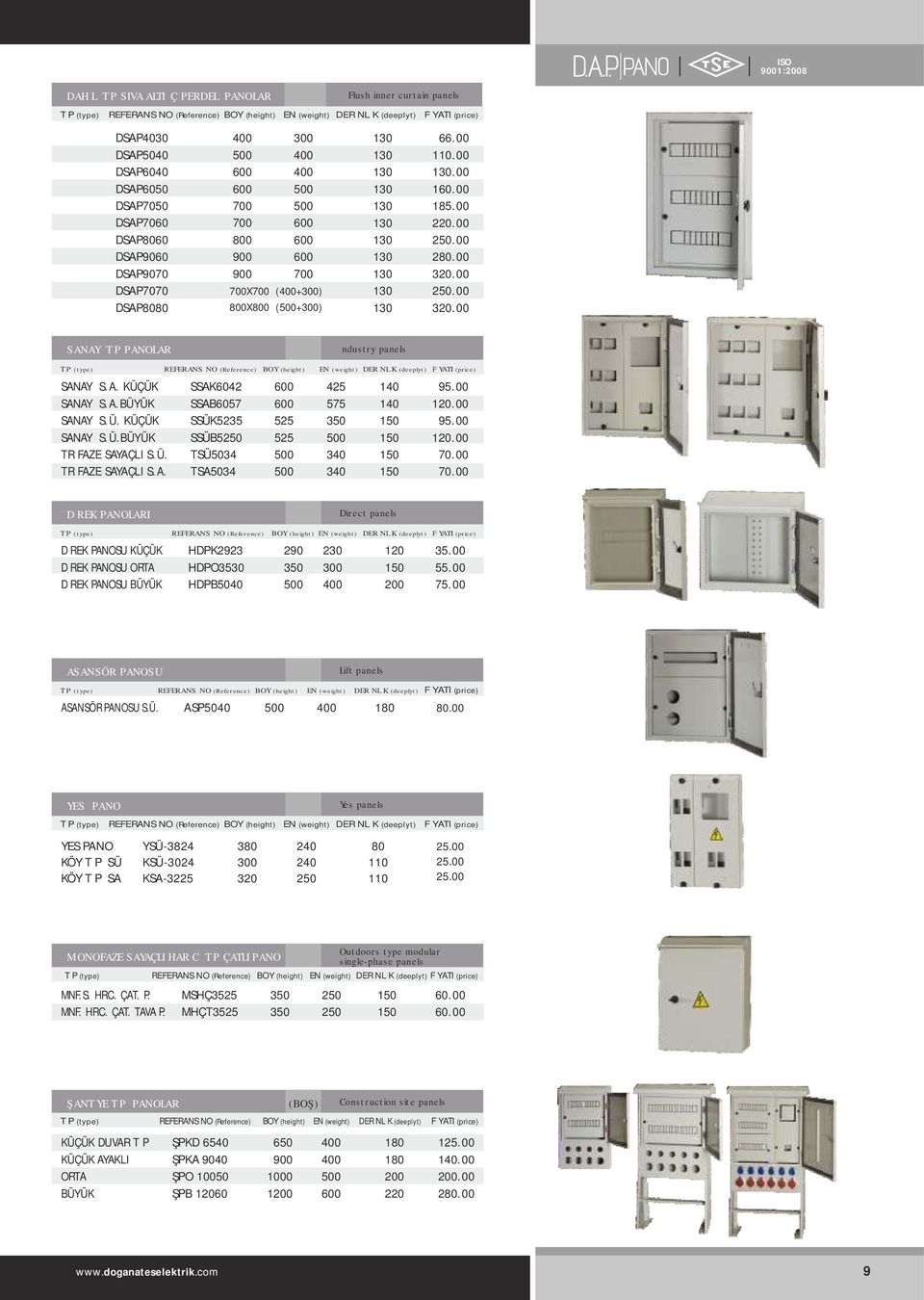 AYİ TİP PANOLAR İndustry panels SANAYİ S.A. KÜÇÜK SANAYİ S.A.BÜYÜK SANAYİ S.Ü. KÜÇÜK SANAYİ S.Ü.BÜYÜK TRİFAZE SAYAÇLI S.Ü. TRİFAZE SAYAÇLI S.A. REFERANS NO (Reference) BOY (height) SSAK6042 SSAB6057 SSÜK5235 SSÜB5 TSÜ5034 TSA5034 525 525 EN (weight) DERİNLİK (deeplyt) FİYATI (price) 425 575 340 340 140 140 150 150 150 150 95.