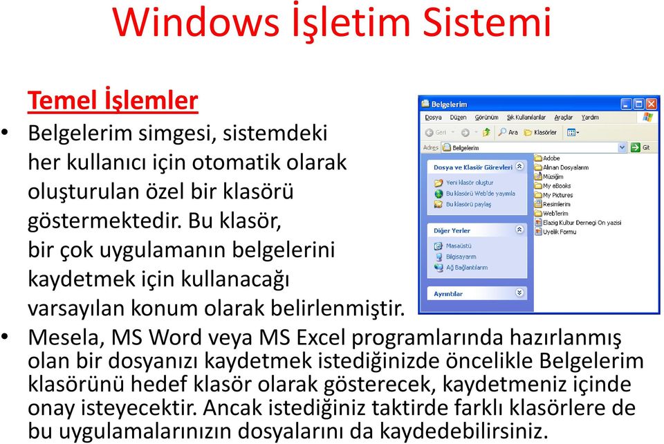 Mesela, MS Word veya MS Excel programlarında hazırlanmış olan bir dosyanızı kaydetmek istediğinizde öncelikle Belgelerim klasörünü