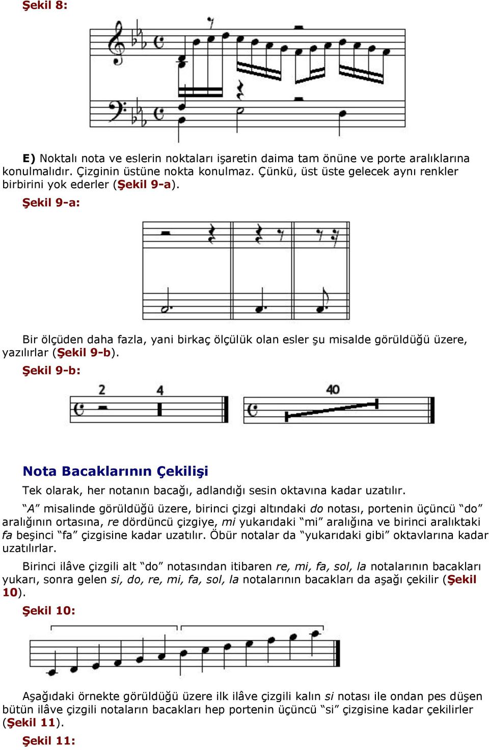 Şekil 9-b: Nota Bacaklarının Çekilişi Tek olarak, her notanın bacağı, adlandığı sesin oktavına kadar uzatılır.