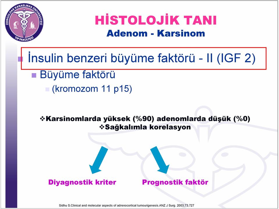 (%0) Sağkalımla korelasyon Diyagnostik kriter Prognostik faktör Sidhu S.