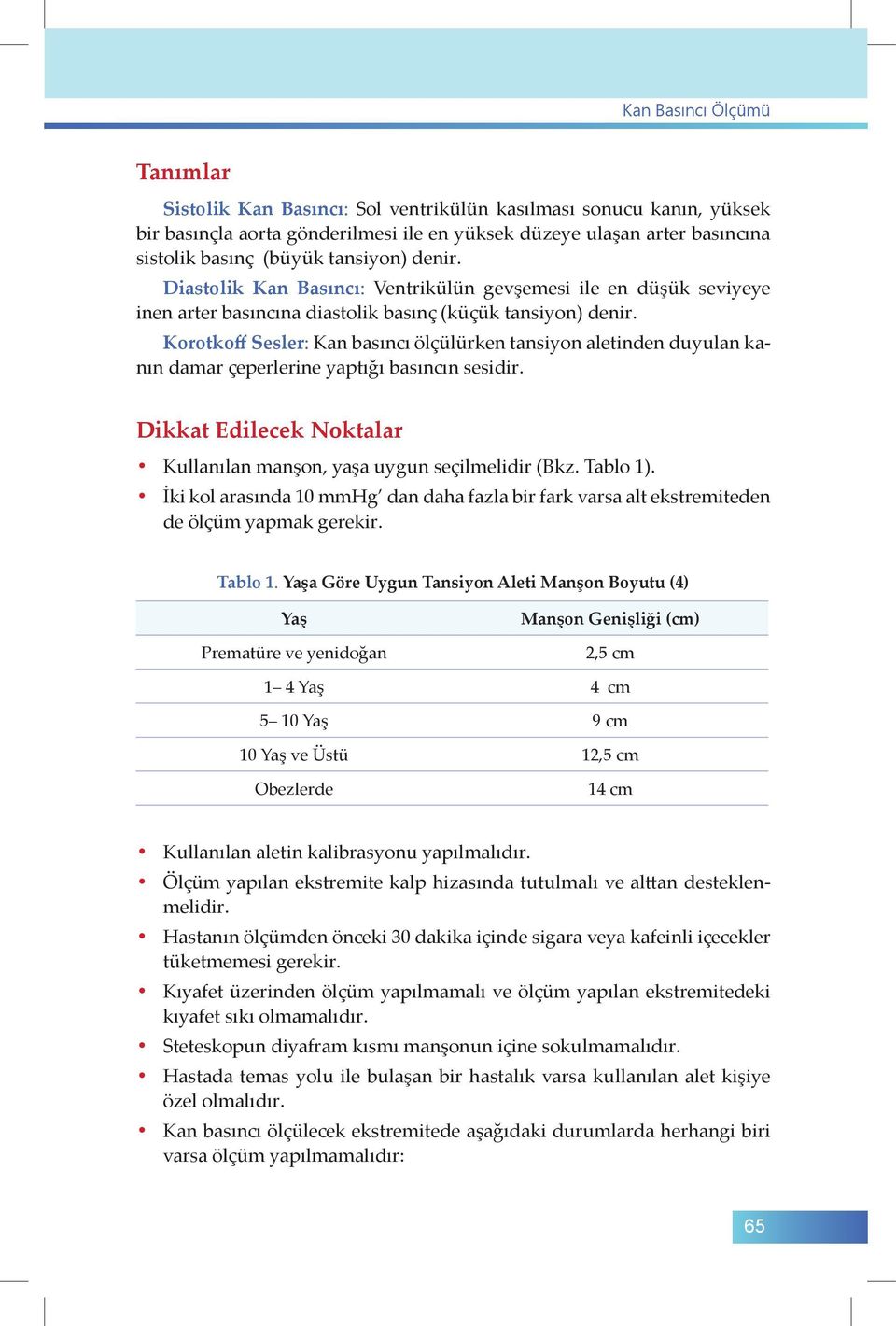 Korotkoff Sesler: Kan basıncı ölçülürken tansiyon aletinden duyulan kanın damar çeperlerine yaptığı basıncın sesidir. Dikkat Edilecek Noktalar Kullanılan manşon, yaşa uygun seçilmelidir (Bkz.