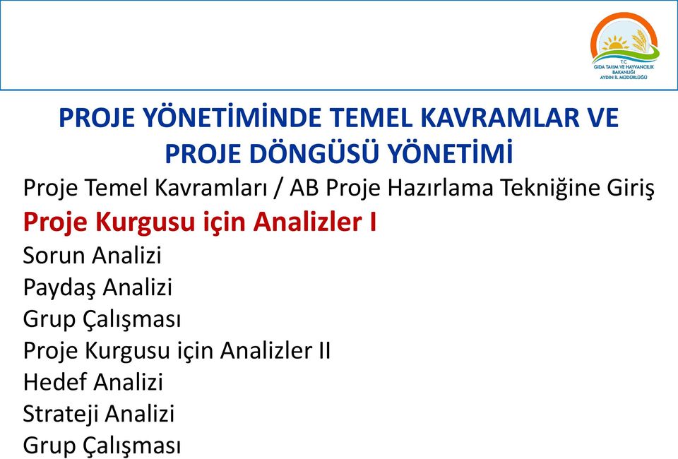 için Analizler I Sorun Analizi Paydaş Analizi Grup Çalışması Proje