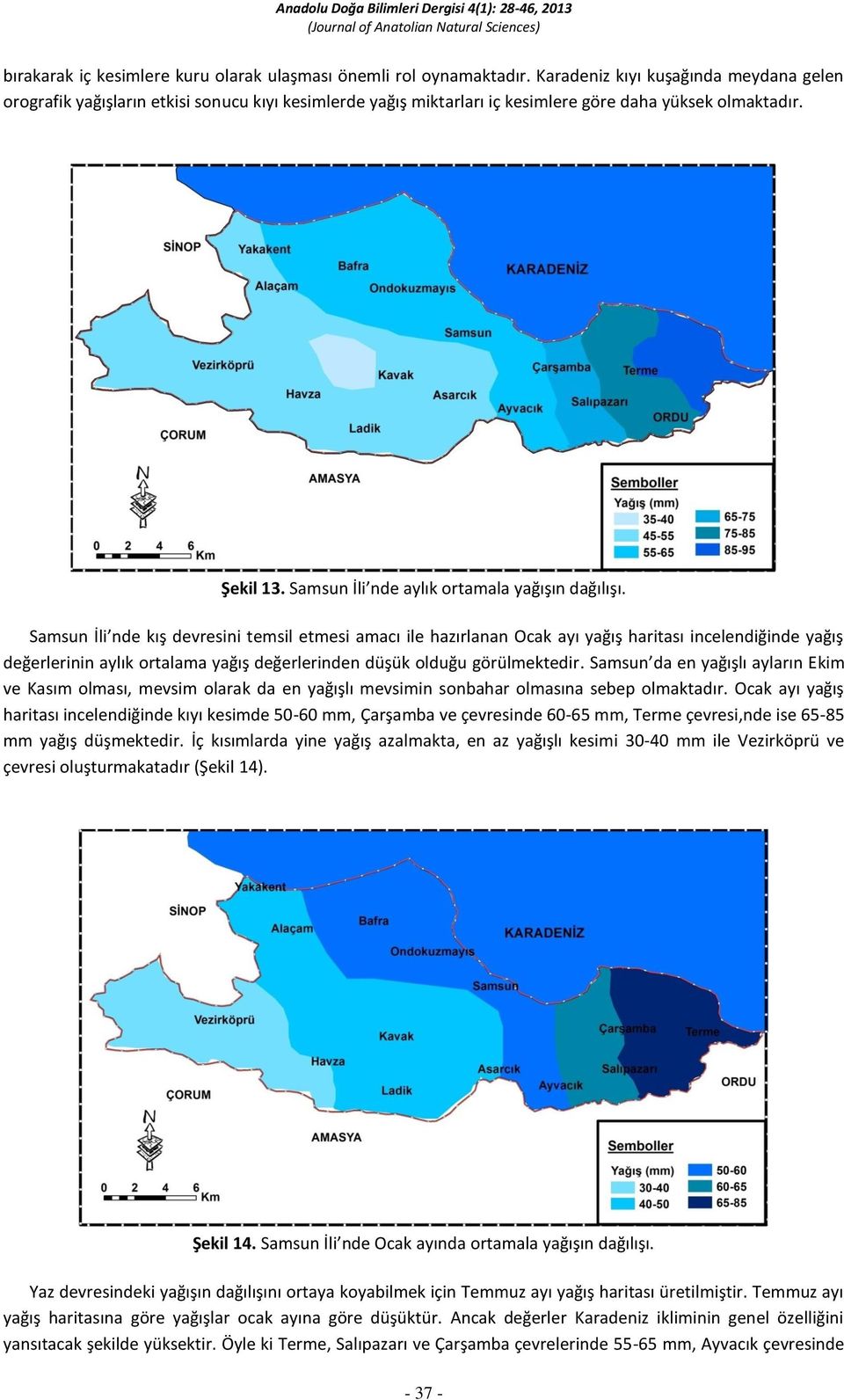 Samsun İli nde aylık ortamala yağışın dağılışı.